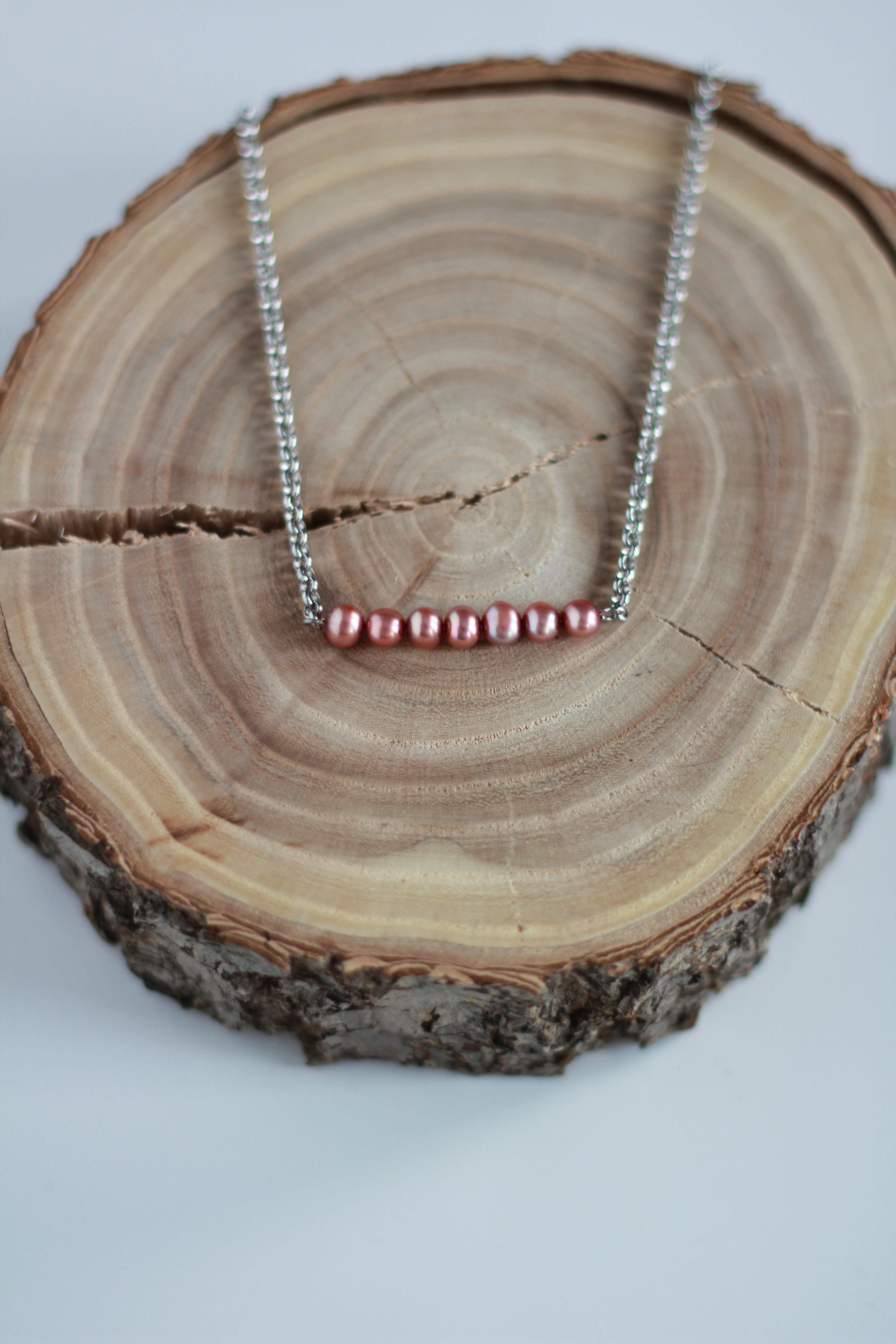 Dusty Rose Pearl Bar Necklace